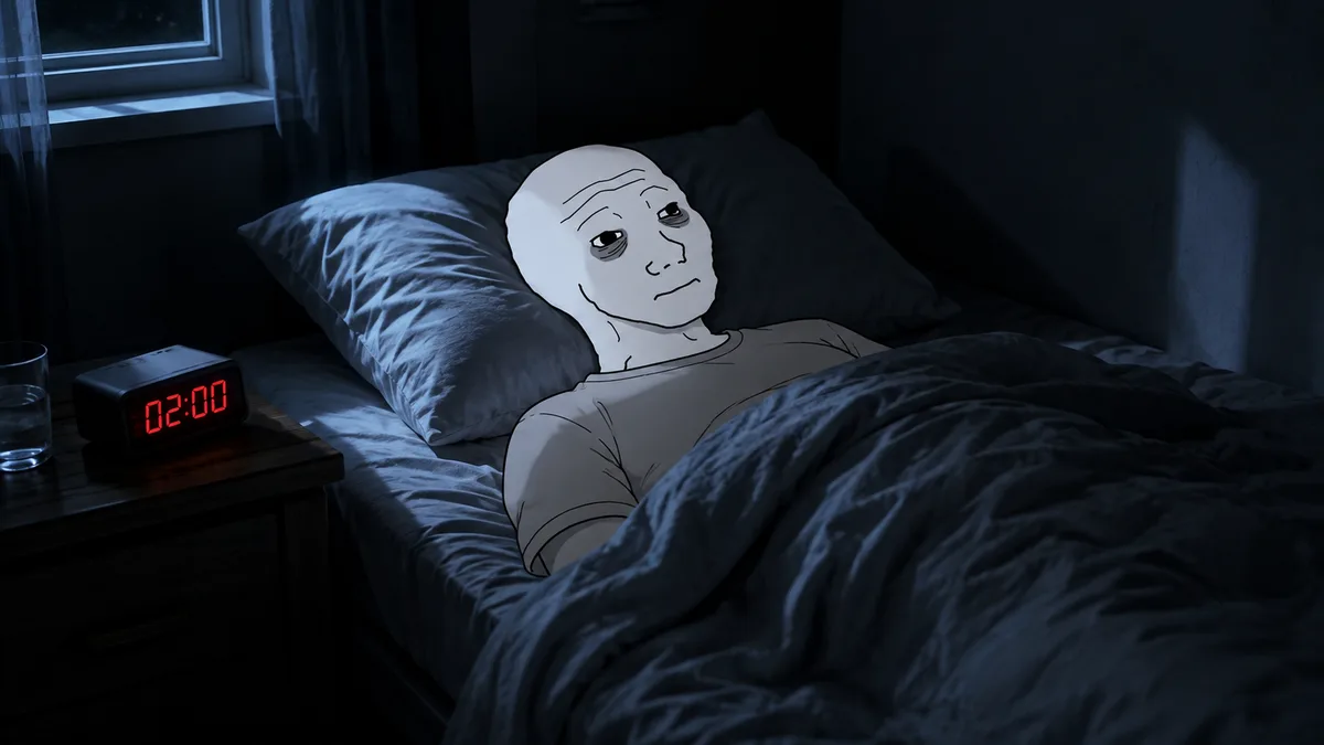Wojak lies awake in bed beside a clock reading 02:00.