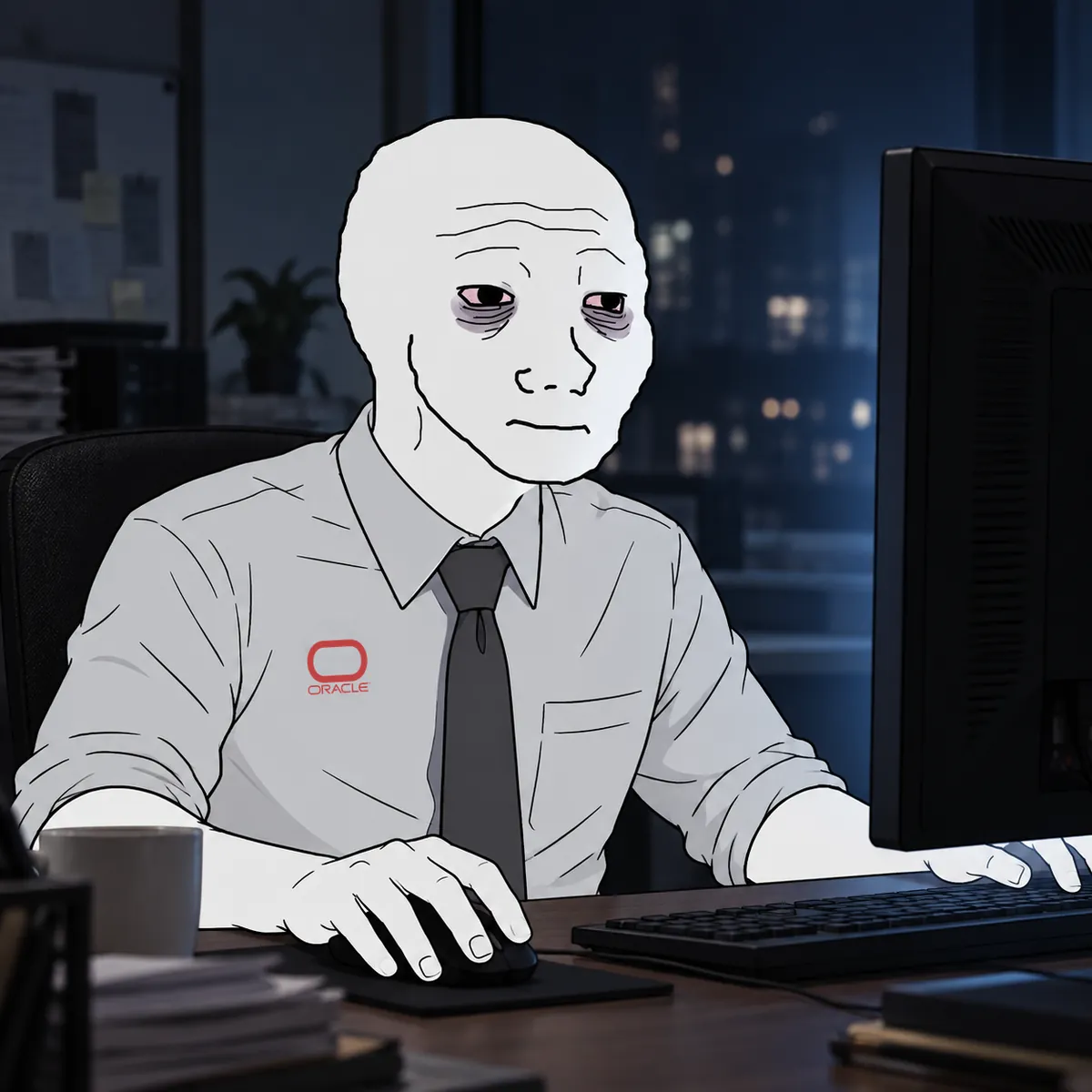 Wojak is still working at his computer in the evening.