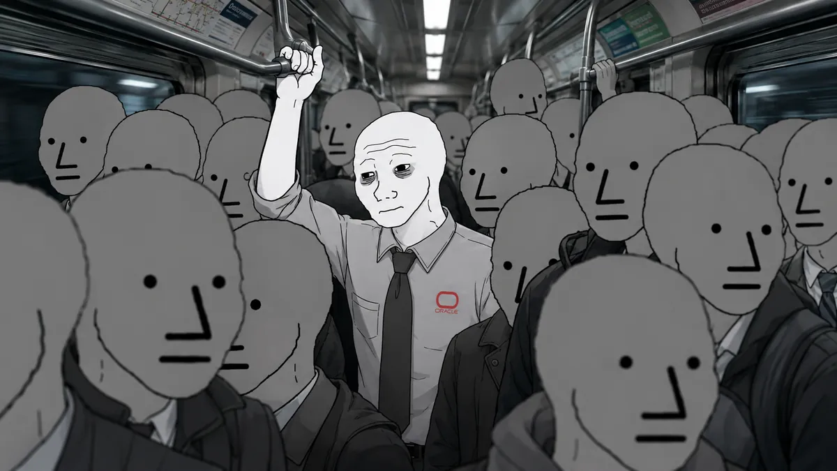 Wojak stands squeezed into a crowded subway carriage.