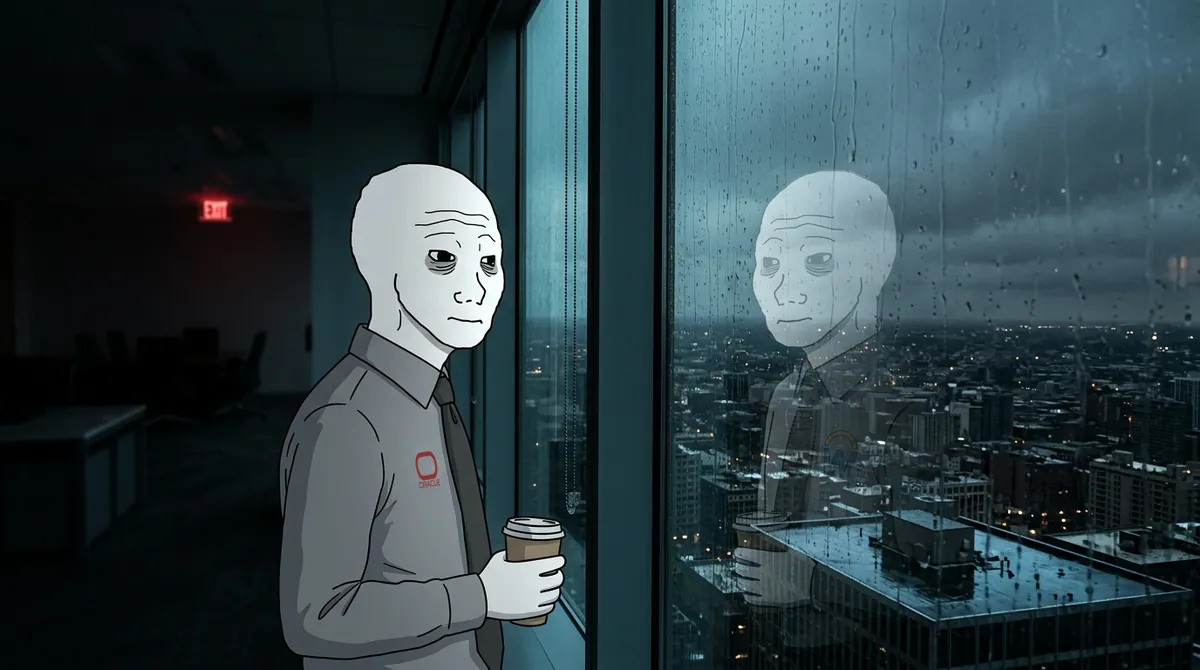 Wojak holds a coffee and watches his reflection in a rainy office window.