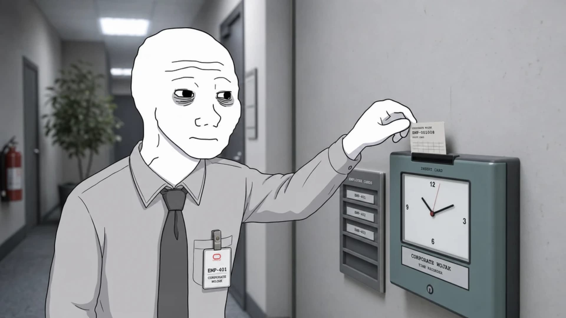 Corporate Wojak inserting his timecard into the office time clock