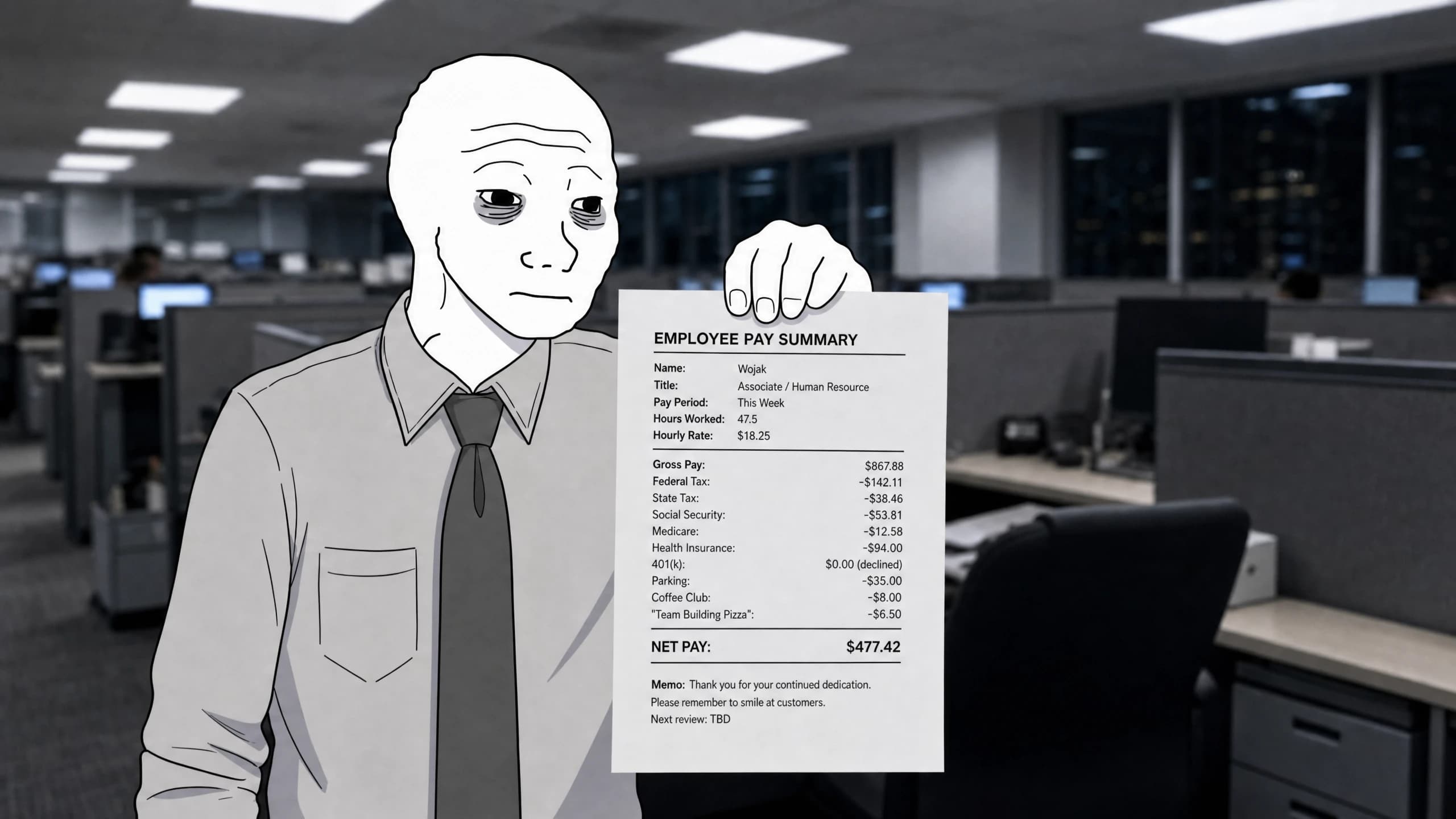 Corporate Wojak holding a reviewed payroll document