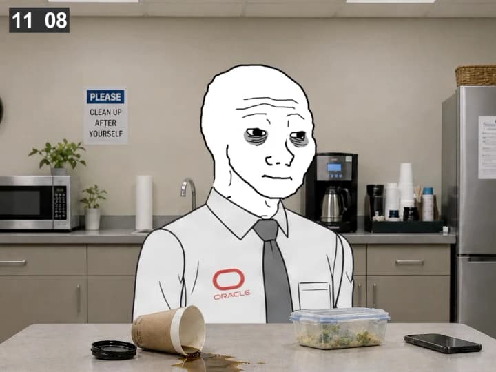 Corporate Wojak sitting in the office break room