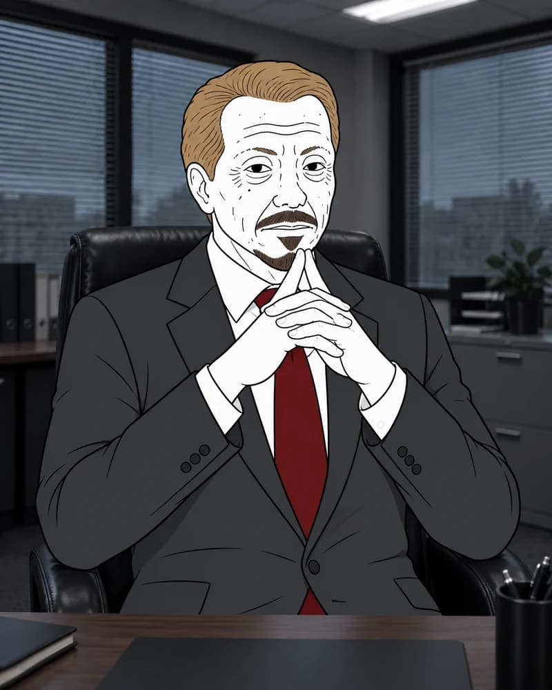 The CEO seated behind his desk with his hands together.