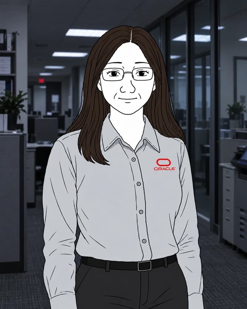 An HR employee standing in a fluorescent office corridor.