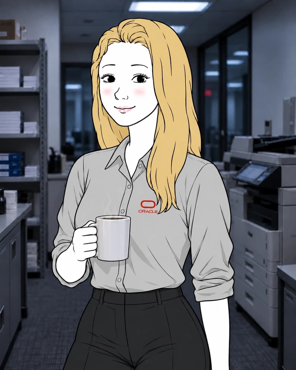 Office Girl holding a coffee beside the copy room printer.