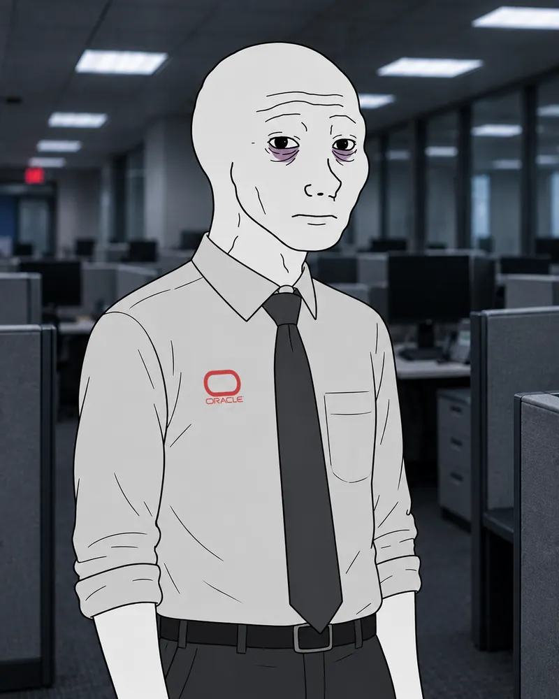 Corporate Wojak standing beside the cubicles, tired and unsmiling.